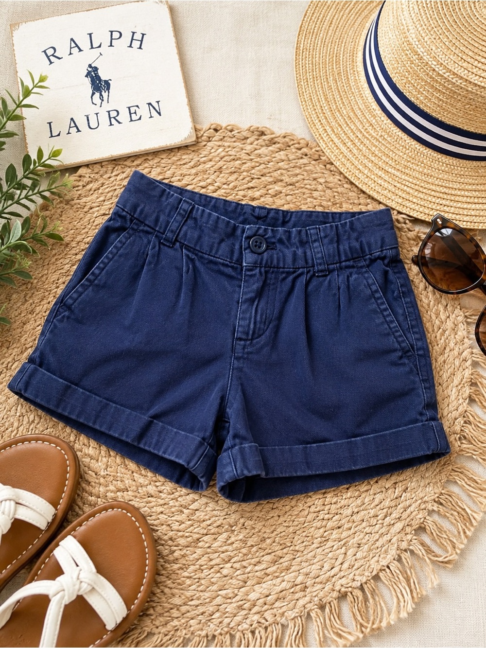 Ralph Lauren Girls Navy Cotton Chino Shorts Size 6 Adjustable Waist Cuffed